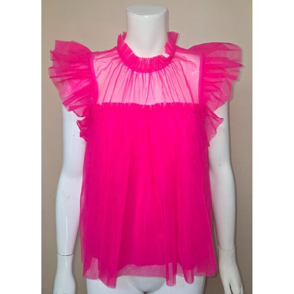 Anthropologie Sunday in Brooklyn Hot Pink Frilled Tulle Ruffle Blouse Size M NEW - Picture 4 of 10